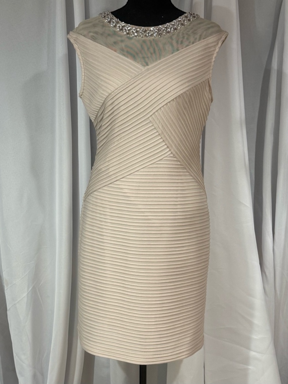 SD Collection Cream Ribbed Sheath Dress with Jewel Collar